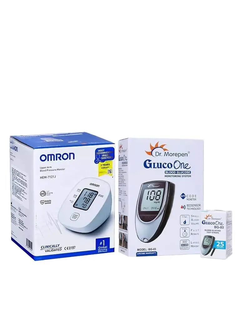 Combo-Omron-HBP-7121J and Dr Morepen(Gluco one Machine) with 25 Strips